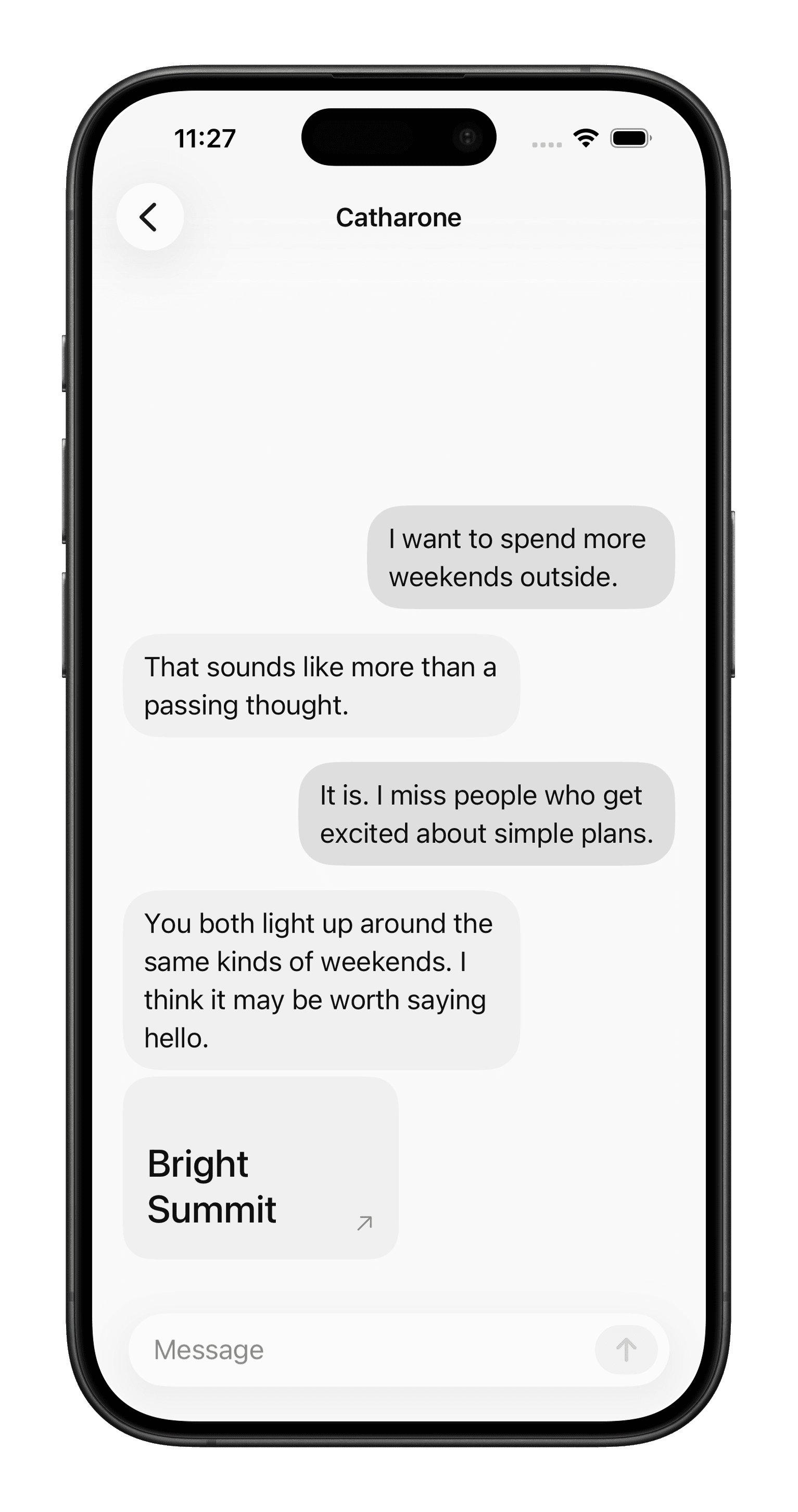 Catharone running on an iPhone, recommending an introduction to Bright Summit